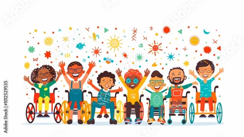 Cartoon illustration of diverse characters with various disabilities celebrating International Day of Persons with Disabilities on an isolated white background