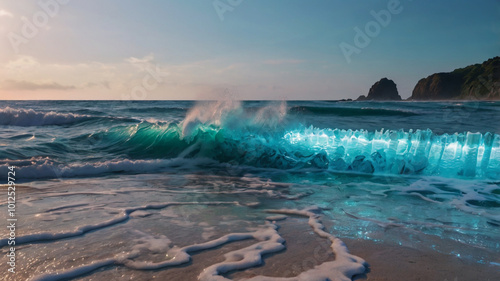  A vibrant, glowing wave in neon colors crashes onto the shore, reflecting the twilight sky and creating a surreal, otherworldly atmosphere on the beach.