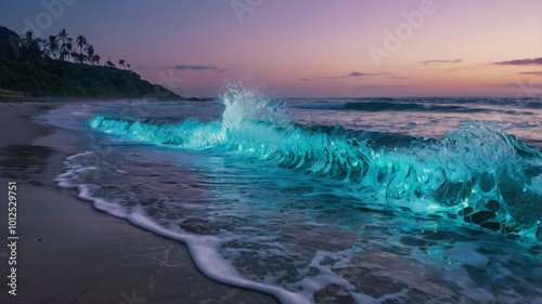  A vibrant, glowing wave in neon colors crashes onto the shore, reflecting the twilight sky and creating a surreal, otherworldly atmosphere on the beach.