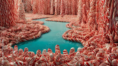 A whimsical forest made of candy canes with a flowing blue candy river, creating a magical and sweet landscape filled with vibrant colors and playful charm.