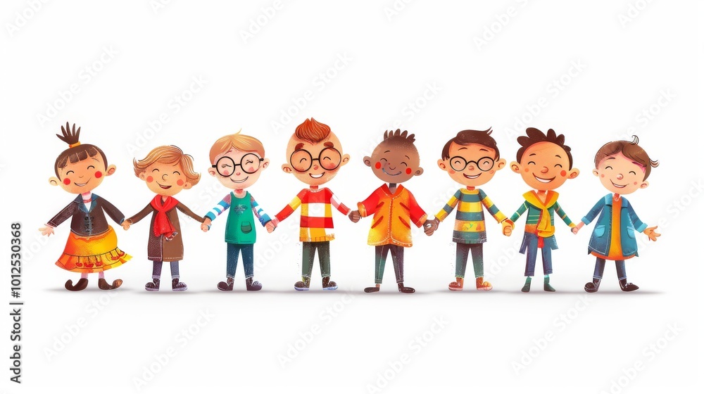 Cartoon illustration of a group of people with different disabilities holding hands in a circle on an isolated white background Cartoon illustration of a group of people with different disabilities holding hands in a circle on an isolated white background