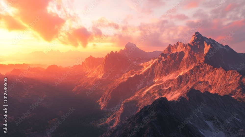 Naklejka premium Majestic Mountain Range Bathed in Golden Sunset Hues