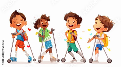 Cartoon illustration of a child with crutches playing with friends on an isolated white background