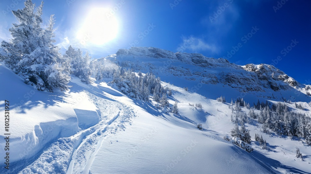 Snow-Covered Mountain Slope with Sunlit Trees and a Blue Sky Snow-Covered Mountain Slope with Sunlit Trees and a Blue Sky