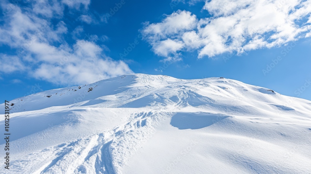 Snow-Covered Mountain Peak Against a Blue Sky with Fluffy Clouds Snow-Covered Mountain Peak Against a Blue Sky with Fluffy Clouds