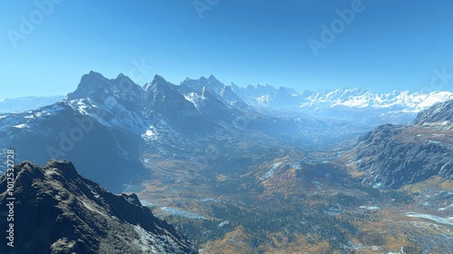 Mountain Range with Snowcapped Peaks and a Valley Below