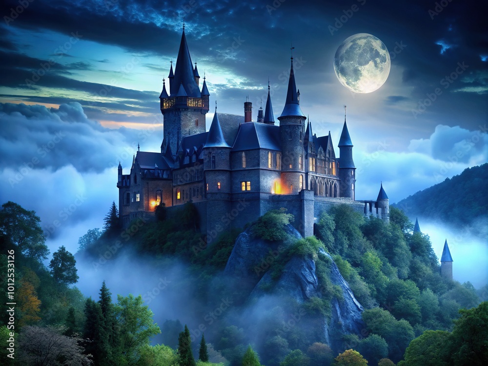 Dark Blue Gothic Castle Mansion on Rocky Hill - Low Light Photography