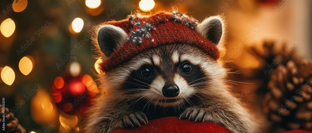 Holiday hat wearing raccoon Holiday hat wearing raccoon
