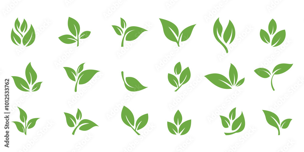 Green leaf icons set, ecology nature element vector, Leaves of trees and plants, bio, vegan labels.