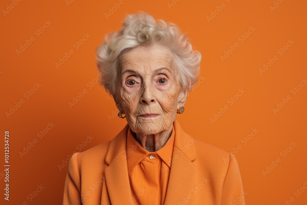 Portrait of an elderly woman. Studio shot on an orange background. Portrait of an elderly woman. Studio shot on an orange background.