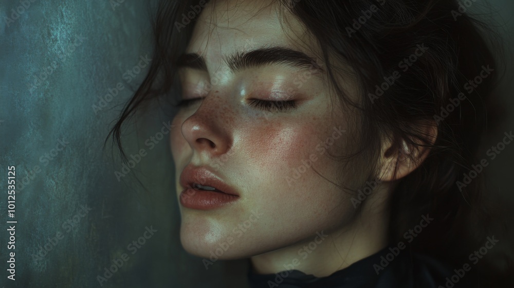 Close-up portrait of a young woman with freckles and closed eyes Close-up portrait of a young woman with freckles and closed eyes