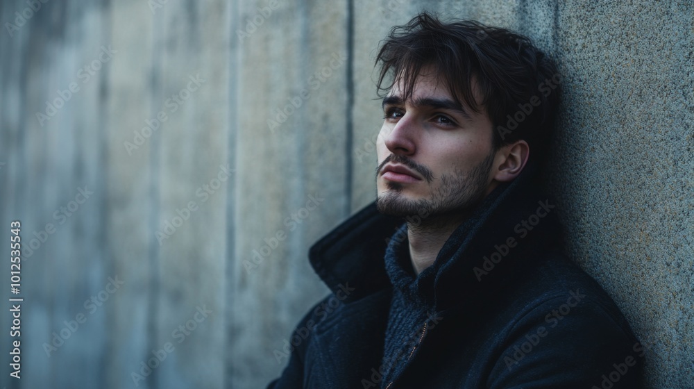 Fototapeta premium A Young Man in a Dark Coat Leans Against a Wall, Looking Upward