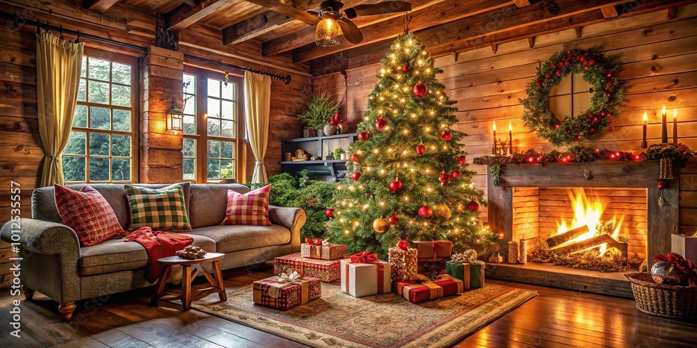 Obraz premium Festive Araffy Living Room with Christmas Tree and Presents for Holiday Decor Inspiration