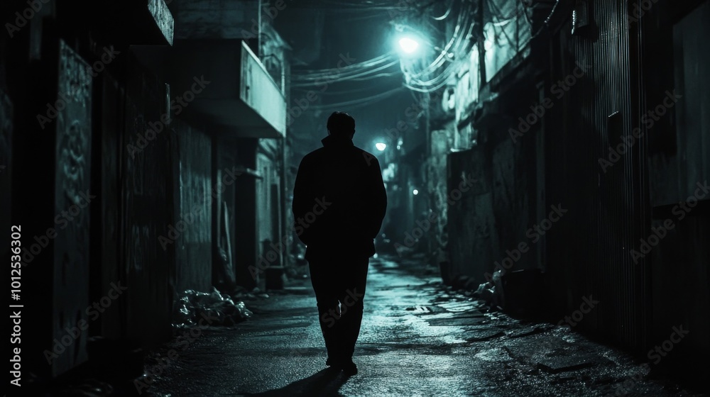 Fototapeta premium Silhouette of a Person Walking Alone in a Dark Alleyway