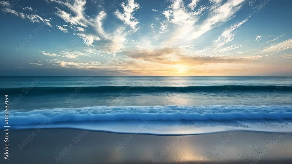 Sunset over calm ocean waves at sandy beach, peaceful scenery. Tranquil nature and relaxation concept Sunset over calm ocean waves at sandy beach, peaceful scenery. Tranquil nature and relaxation concept