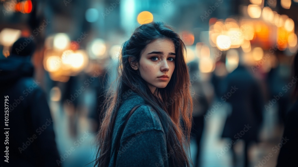A Young Woman With Long Brown Hair Standing in a Crowd at Night A Young Woman With Long Brown Hair Standing in a Crowd at Night