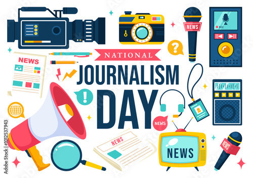 National Journalism Day Vector Illustration Recognizing and Appreciating the Tireless Efforts of Journalists, Featuring Tools and Equipment Design