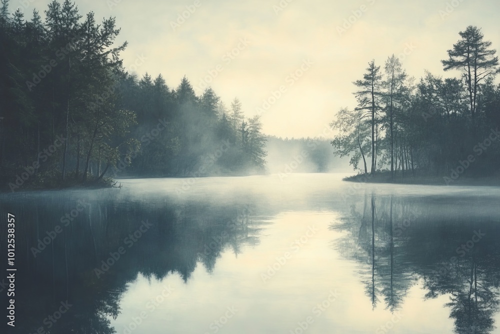 A calm morning lake view at daybreak, shrouded in rising mist. A calm morning lake view at daybreak, shrouded in rising mist.