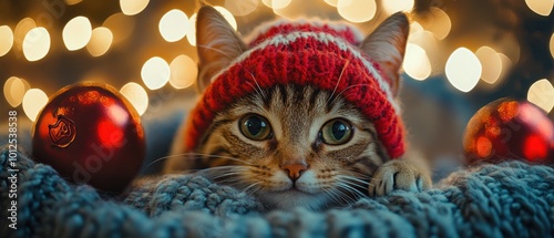 Cat in a red hat by Christmas decor