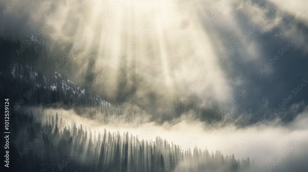 Naklejka premium Sunbeams Through Clouds Above a Misty Forest