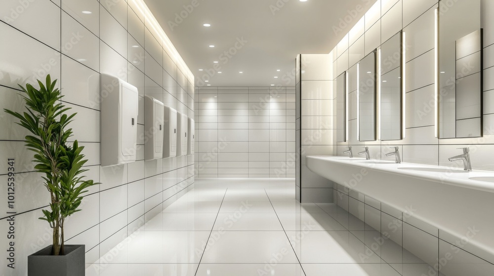 Modern, White Tiled Public Bathroom with Multiple Sinks and Mirrors Modern, White Tiled Public Bathroom with Multiple Sinks and Mirrors