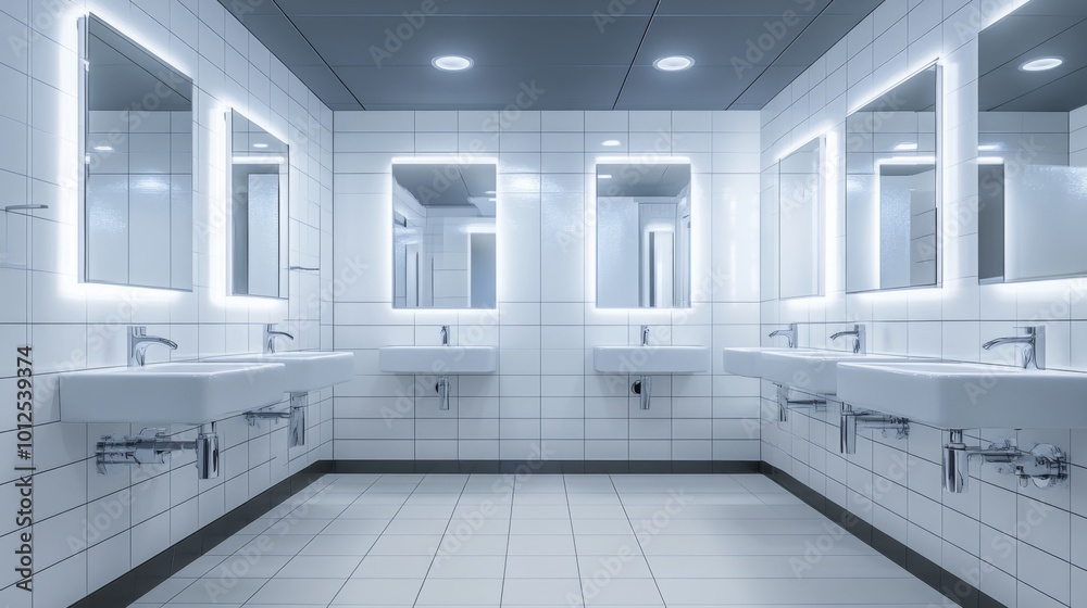 Modern Bathroom with Three Sinks and Mirrors, Illuminated by Overhead and Recessed Lights