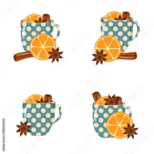 Illustration set with cups of mulled wine with orange, cinnamon, anise cozy autumn or winter vector illustration hot drink Christmas mood 