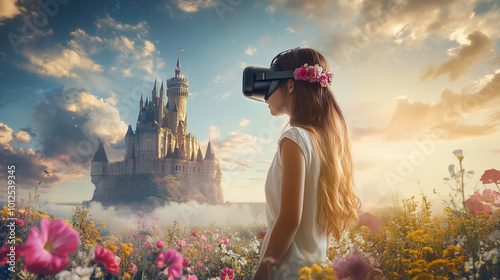 Technology in virtual reality entertainment,girl wearing virtual reality headset with simulate standing on beautiful castle arrounding with beautiful flowers. photo
