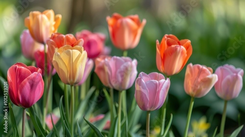 Colorful Tulips Blooming in a Garden