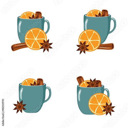 Illustration set with cups of mulled wine with orange, cinnamon, anise cozy autumn or winter vector illustration hot drink Christmas mood 