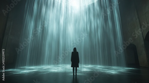 A humanoid figure standing under a spotlight, connected to strings that stretch upwards into darkness, symbolizing control and manipulation in a surreal environment