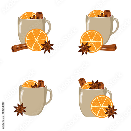 Illustration set with cups of mulled wine with orange, cinnamon, anise cozy autumn or winter vector illustration hot drink Christmas mood 