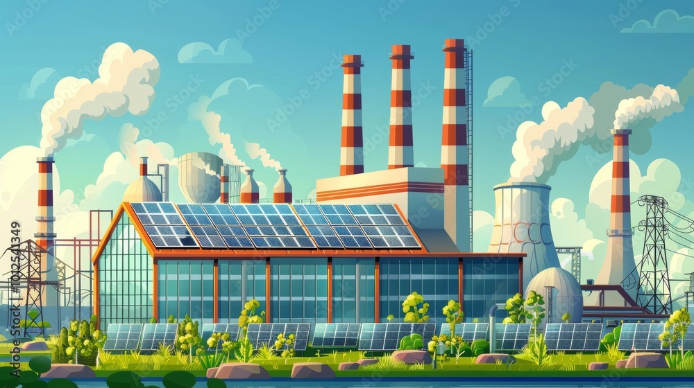 Green energy cartoon vector power plant with solar cells installed on ...