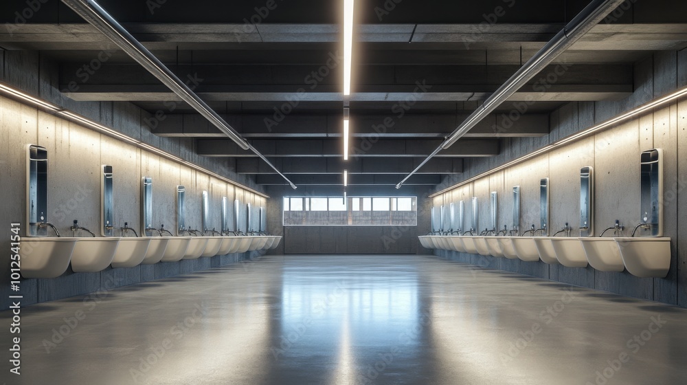 Obraz premium Modern Industrial Bathroom with Rows of Sinks and Mirrors