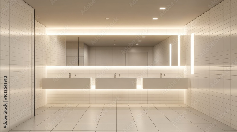 Modern White Bathroom with Three Sinks and Bright Lighting Modern White Bathroom with Three Sinks and Bright Lighting
