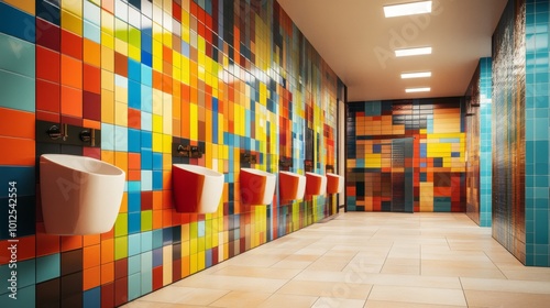 Colorful Tiled Bathroom with Sinks and Geometric Patterns photo