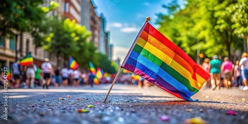 Small Rainbow LGBTQ Pride Flag on Street Pavement at Pride Parade