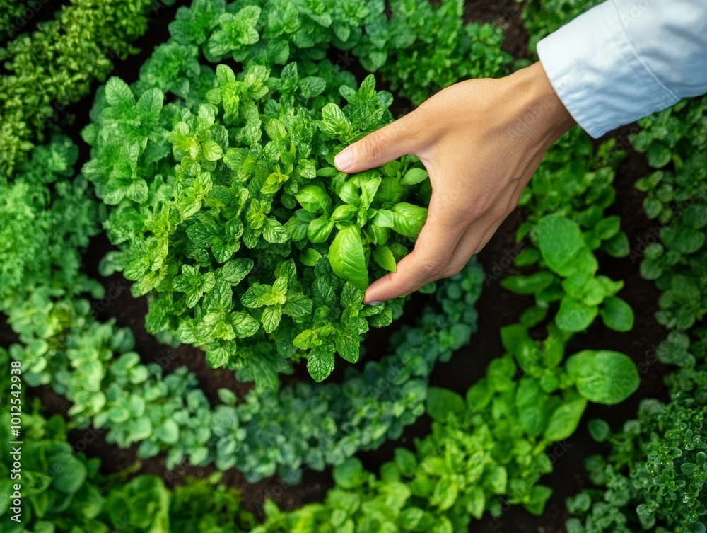 Farmer Tending to Diverse Herb Spiral Garden Farmer Tending to Diverse Herb Spiral Garden