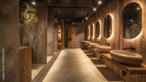 Modern Bathroom Interior with Stone Sinks and Wooden Walls