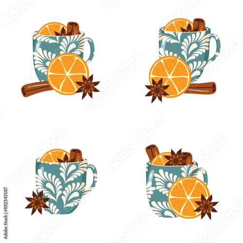 Illustration set with cups of mulled wine with orange, cinnamon, anise cozy autumn or winter vector illustration hot drink Christmas mood 