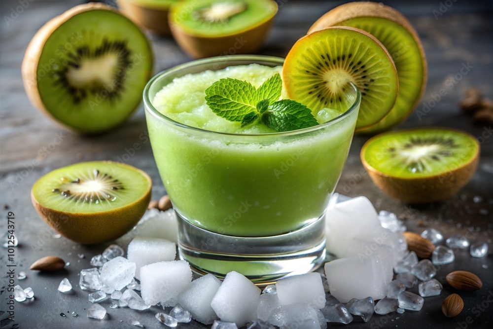Kiwi smoothie with mint garnish in glass with ice cubes Kiwi smoothie with mint garnish in glass with ice cubes