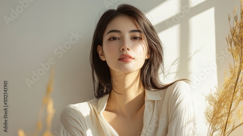 Woman with Long Brown Hair and White Shirt Posing in Sunlight photo