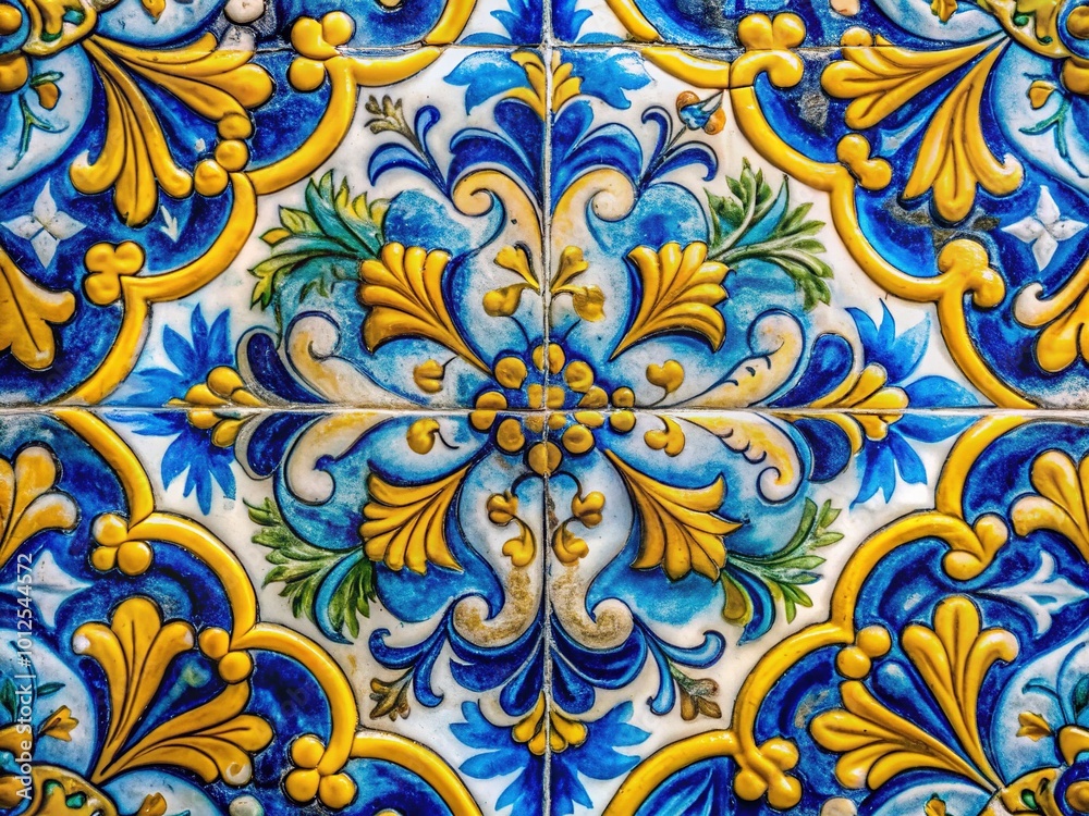 Traditional Portuguese Mosaic in Bokeh: Blue and Yellow Floral Patterns on Antique Ceramic Tiles