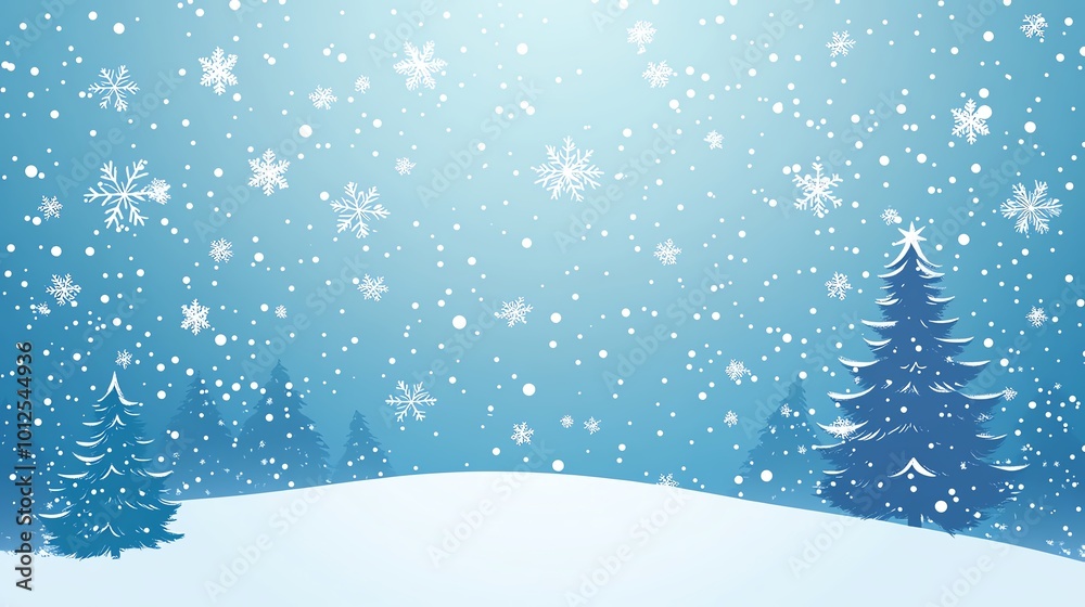 Winter landscape with falling snowflakes and evergreen trees on a serene blue background. Winter landscape with falling snowflakes and evergreen trees on a serene blue background.