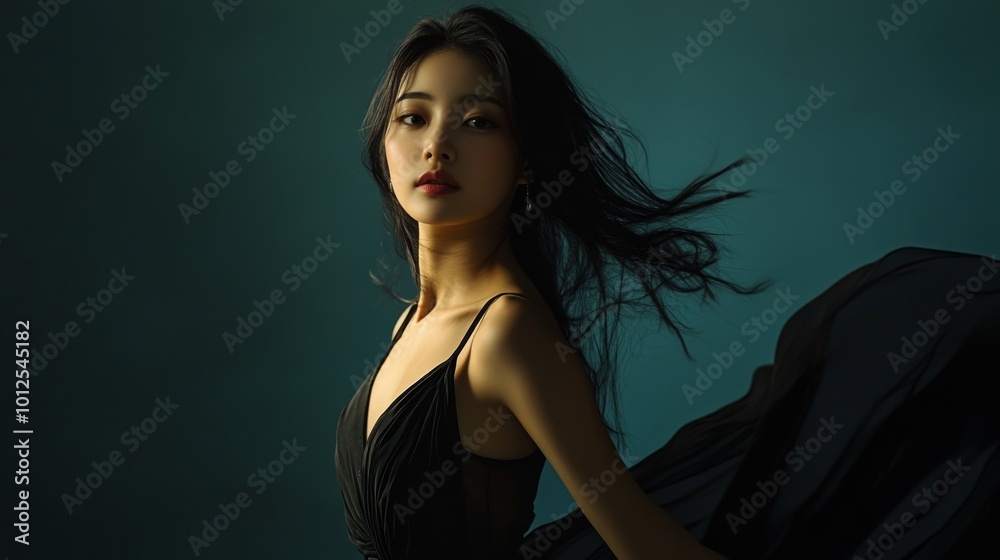 A Woman with Long Black Hair in a Black Dress Against a Teal Background A Woman with Long Black Hair in a Black Dress Against a Teal Background
