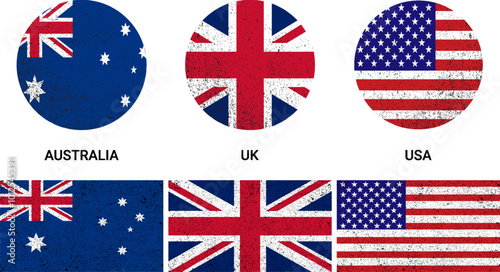 Australia, USA and UK flag icons with AUKUS banner vector illustration. Triple alliance concept.