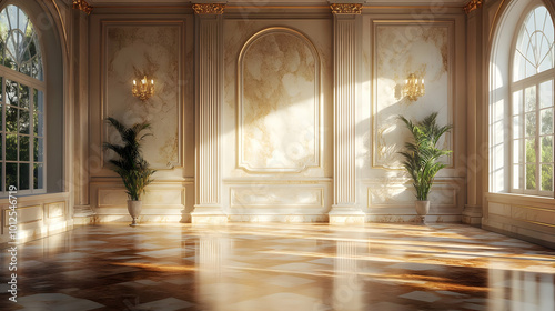 Elegant Room with Arched Windows and Gold Trim 3D Illustration