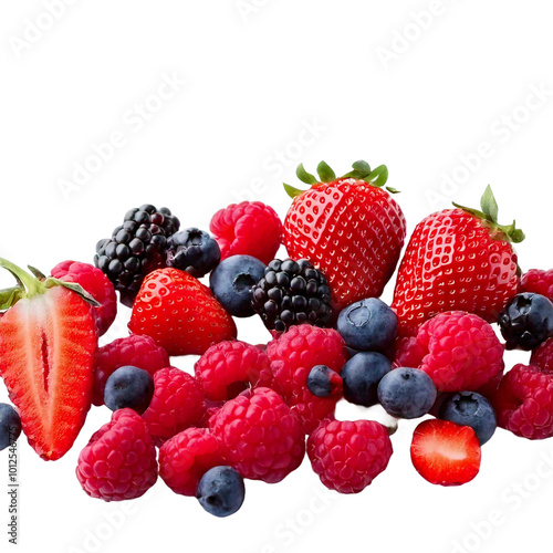 assorted mixed berries with transparent background, strawberries, raspberries, blueberries, blackberries isolated png image with no background, useful design asset