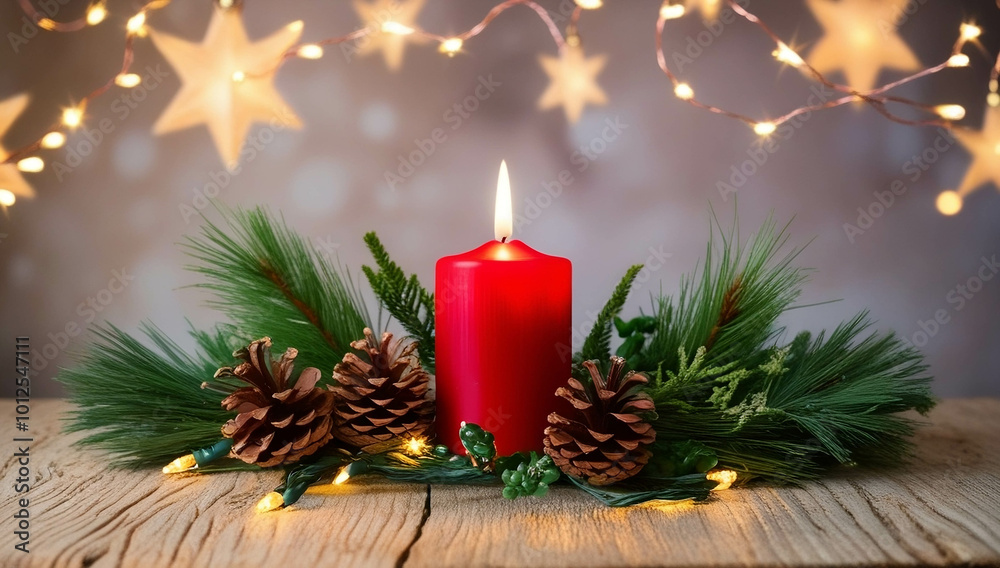 Christmas candle with pine branches, and bells, A serene Christmas background with a prominent red Advent candle as the centerpiece, Christmas decoration concept, banner, created with generative ai Christmas candle with pine branches, and bells, A serene Christmas background with a prominent red Advent candle as the centerpiece, Christmas decoration concept, banner, created with generative ai