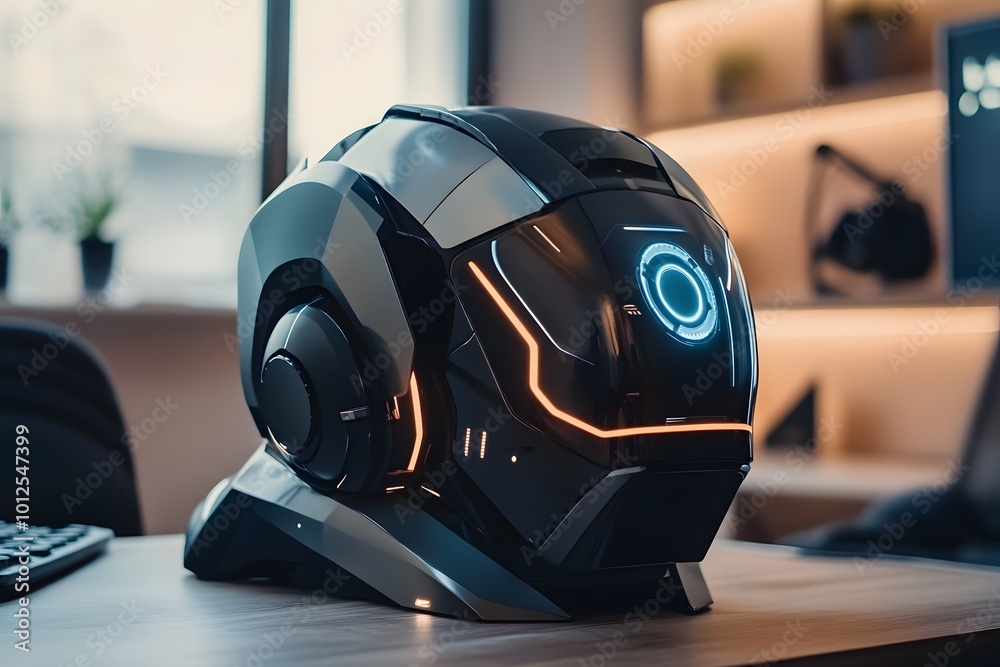 A futuristic helmet displayed on a desk with ambient lighting. A futuristic helmet displayed on a desk with ambient lighting.